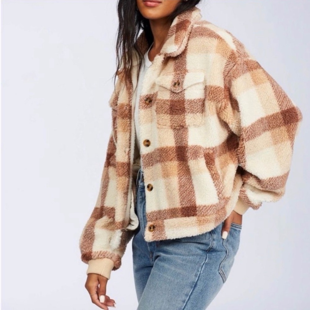 Billabong Sundown Plaid Sherpa Shacket Jacket Brown Tan Women's Sz M